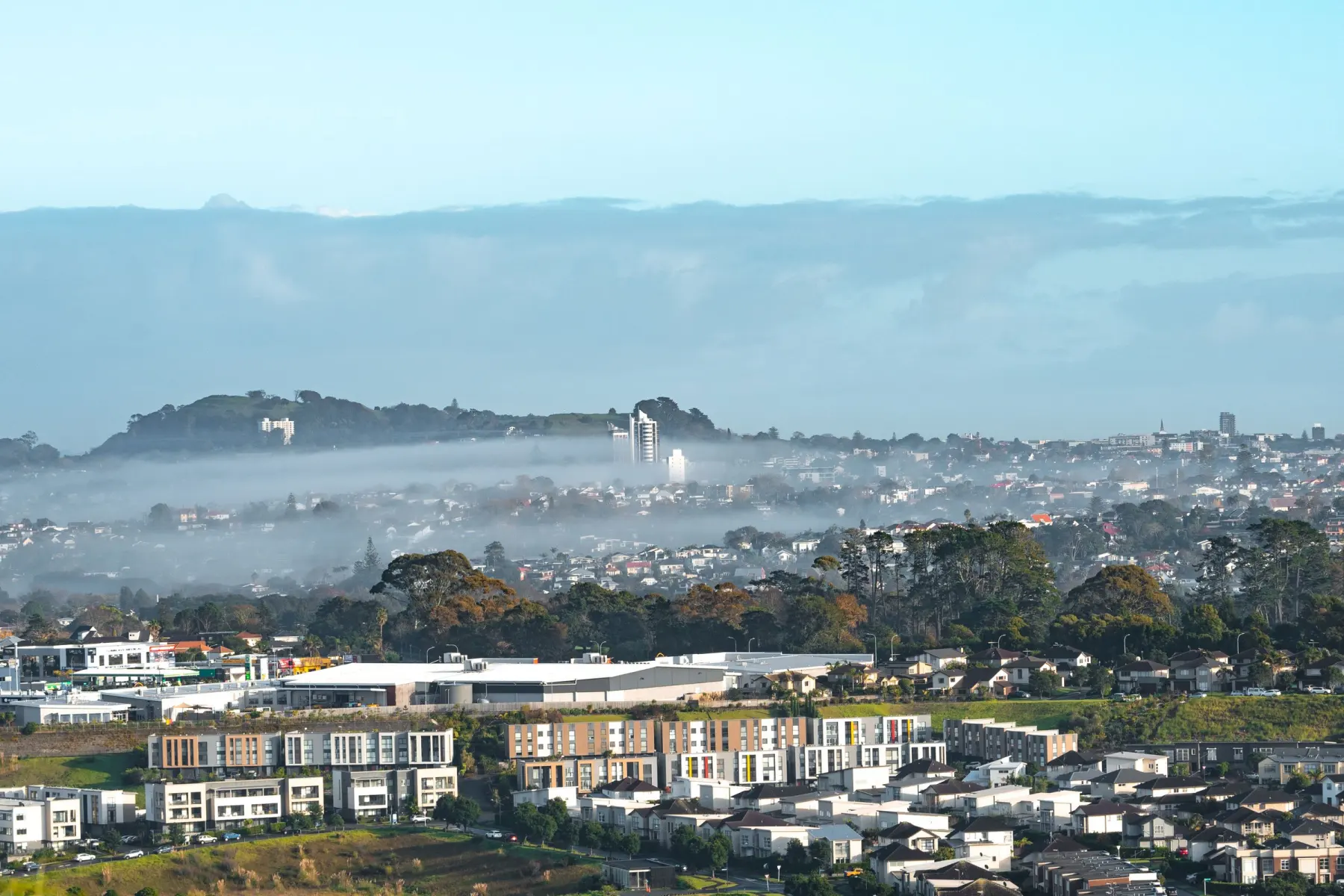 Auckland suburb of houses and low cloud seen from a ridge